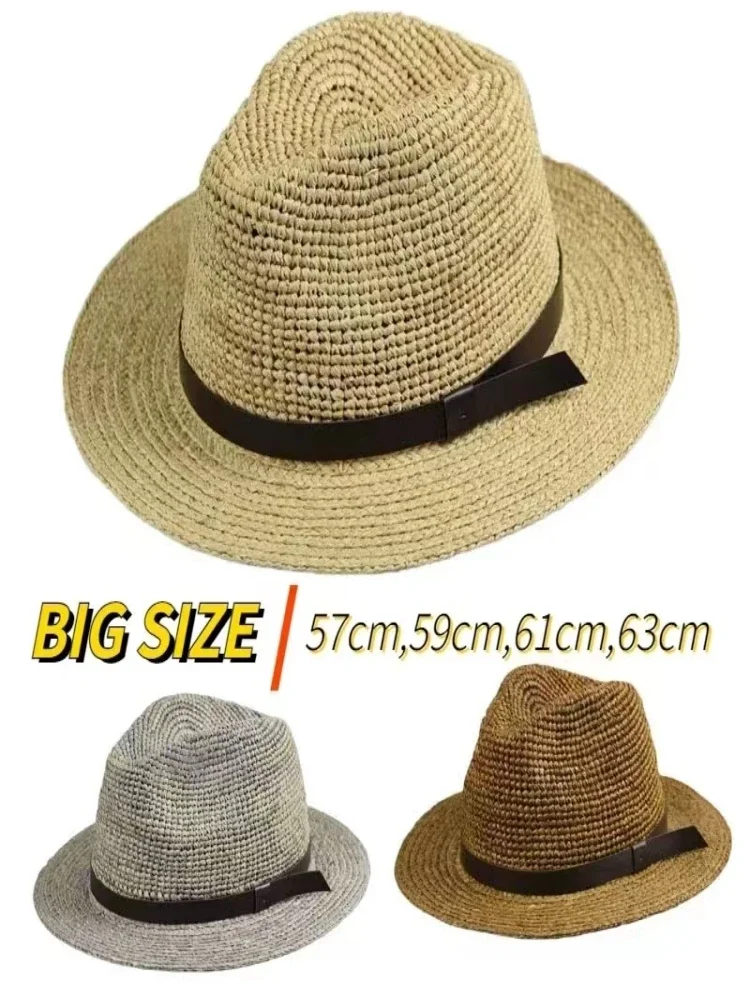 Herren Großer Strohhut aus Raffia, 63 cm, für große Kopfumfänge, Sommer-Sonnenschutz, Outdoor-Urlaub, Sonnenschirm, Strandhut, Panama