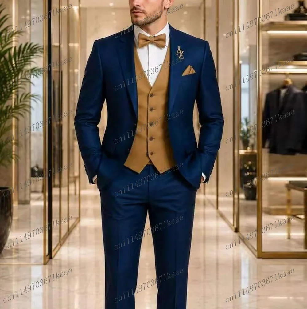 Fashion Fashion Navy Blue And Gold Formal Men Suit Wedding Party Groom Groomsman Male Tuxedos Costume 3 Piece Set Jacket Vest Pants B6 - Aliexpress Deal