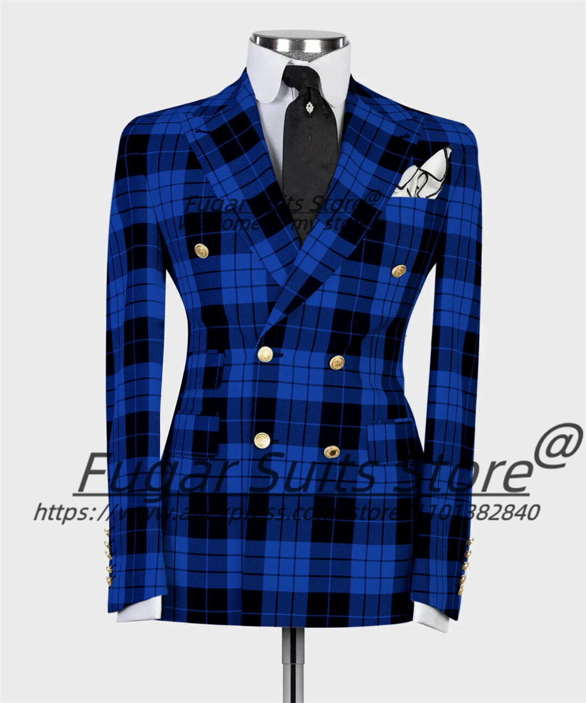 Luxuly Blue Plaid Men Suits Double Breasted Peak Lapel Groom Formal Tuxedos 2 Pieces Sets Casual Male Blazers trajes para hombre