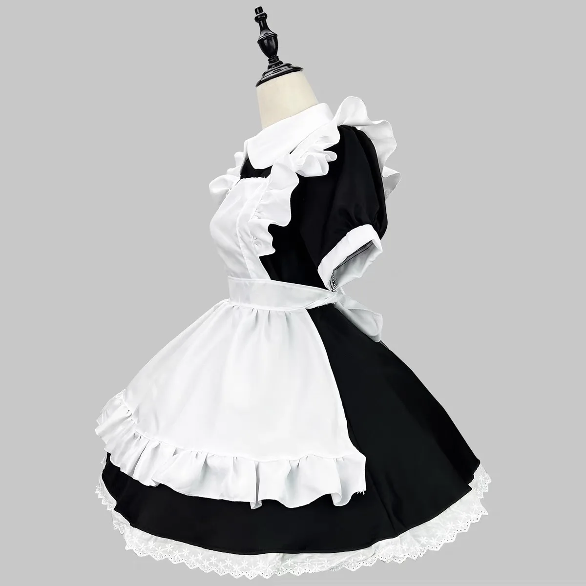 Falda de encaje negro gótico Lolita a medida, delantal de encaje con volantes blancos, vestido de manga corta estilo sirvienta