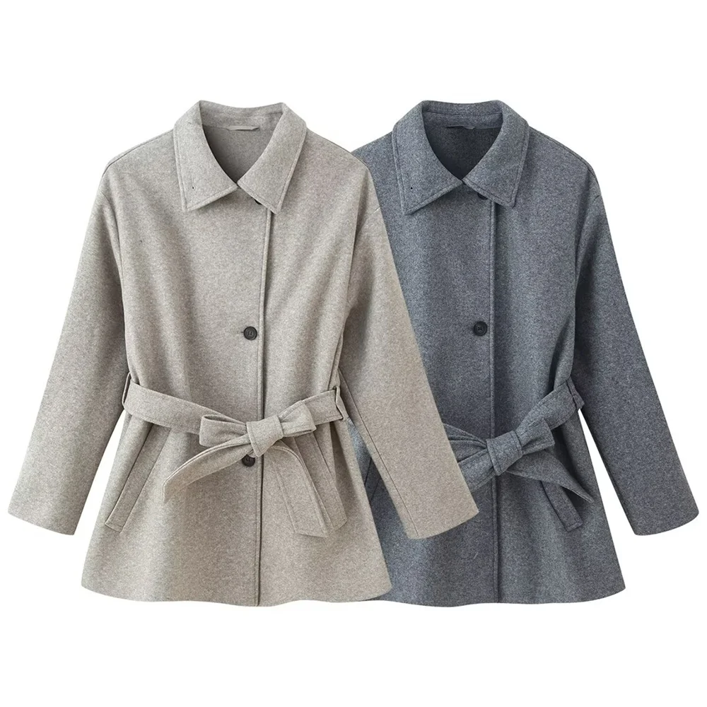 

Autumn new women's clothing minimalist style with waistband, long sleeves, double-layer neckline, soft coat jacket