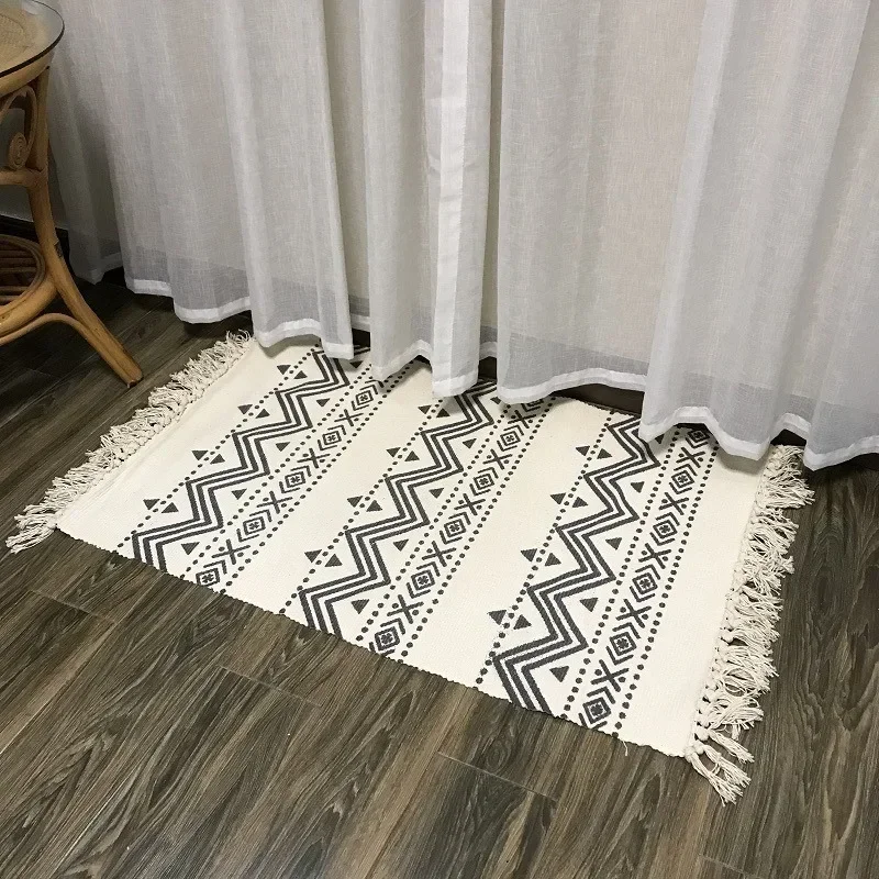 Cotton Tassel Laundry Room Boho Bath Rug Machine Washable Woven Braided Doormat Hearth Mat for Bathroom Kitchen Bedroom