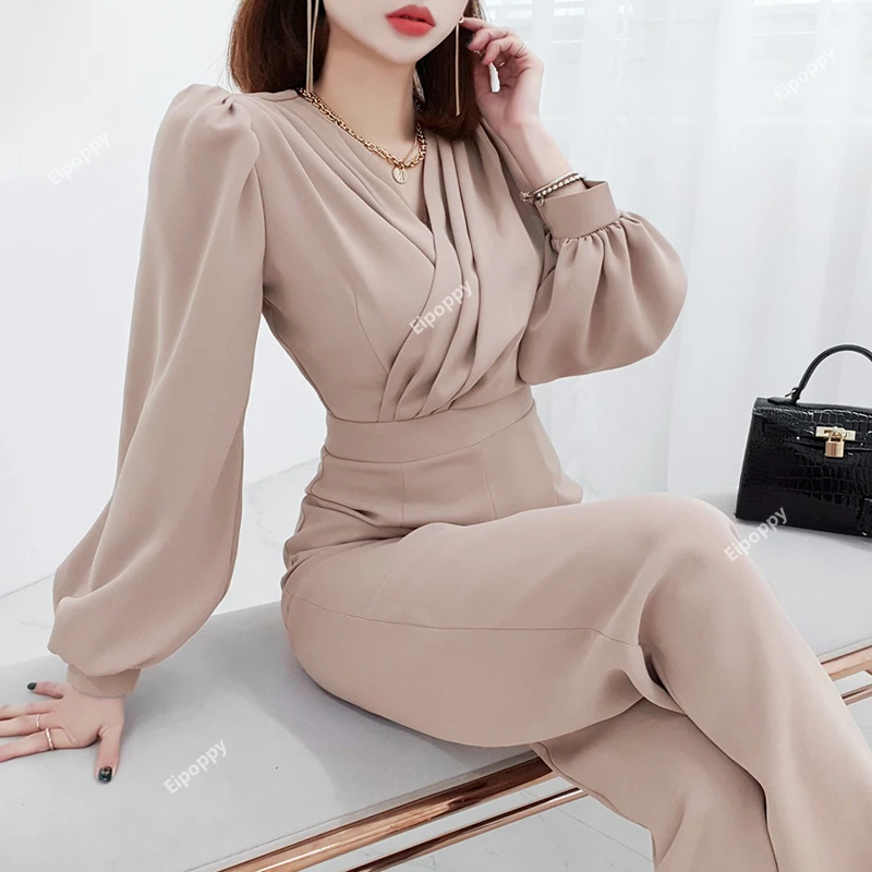 

2024New Autumn Elegant Woman Jumpsuit Outfit Long Sleeve V Neck High Waist Slim Wide Leg Pants Rompers Playsuits Female Overalls