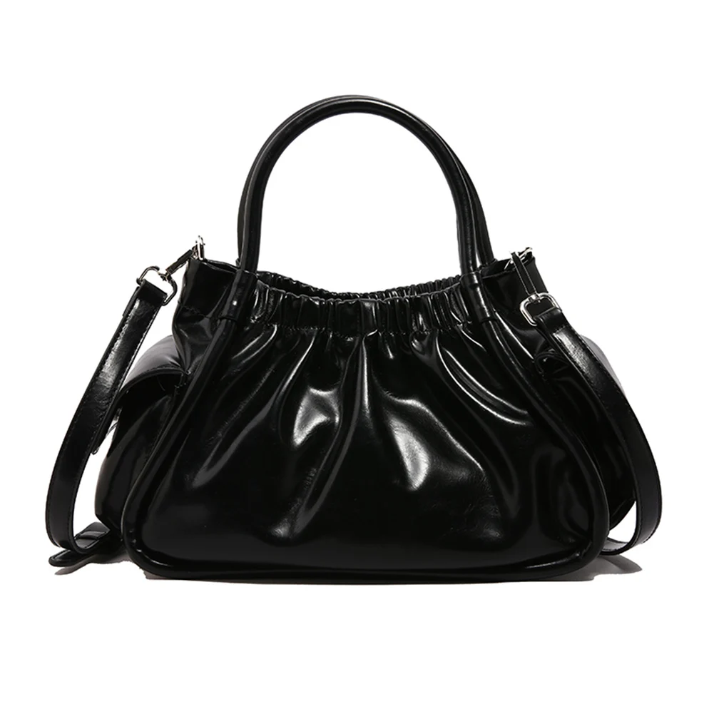 

Women PU Pleated Shoulder Bag Solid Color Casual Top Handle Bag Adjustable Strap Stylish Shoulder Purse Crescent Clutch Bag