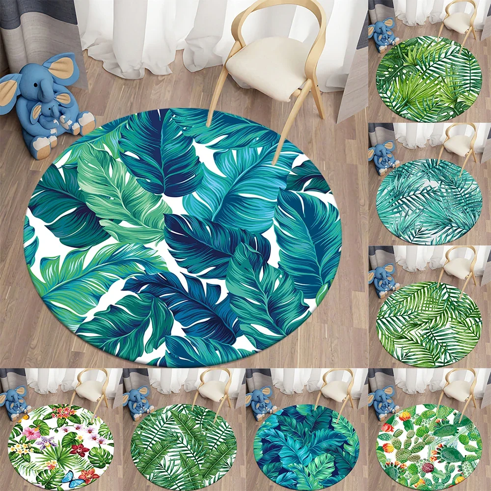 Tropical Plant Leaf Print Round Rug, Green Living Room Carpet, Anti-Slip Mat for Bedroom or Children's Play Area