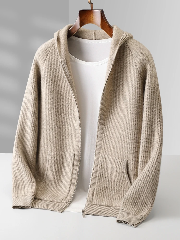 Hoge Kwaliteit Heren Rits Wollen Jas Herfst Winter 100% Merinowol Gebreide Trui Dikke Capuchon Vest Dikke Casual Nieuwe tops