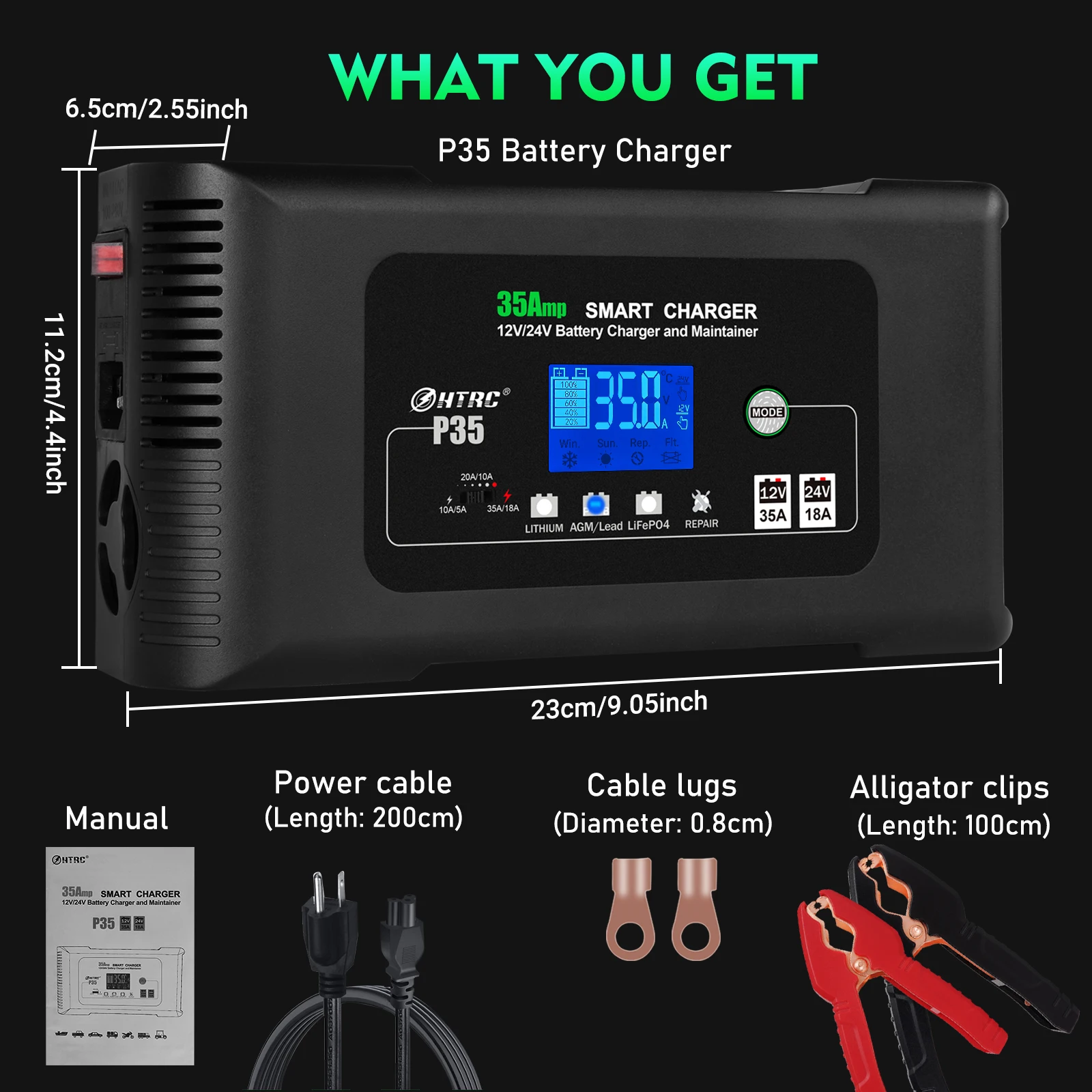 Imagem -06 - Htrc Car Battery Charger Grande Potência 35a 12v 24v Carregamento Inteligente Agm Chumbo Ácido pb Gel Display Lcd Auto Moto Truck Motocicleta