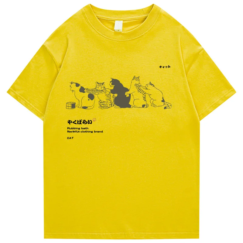 Camiseta de Hip-Hop para hombre, ropa de calle japonesa, Kanji, Harajuku, divertida camiseta de gato, camisetas de manga corta, camisetas de algodón