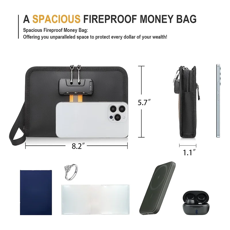 【HOT-SELL】حقيبة نقود آمنة مقاومة للحريق ومقاومة للماء مع قفل وسحاب، مناسبة لتخزين النقود مقاس 8.2 × 5.7 بوصة