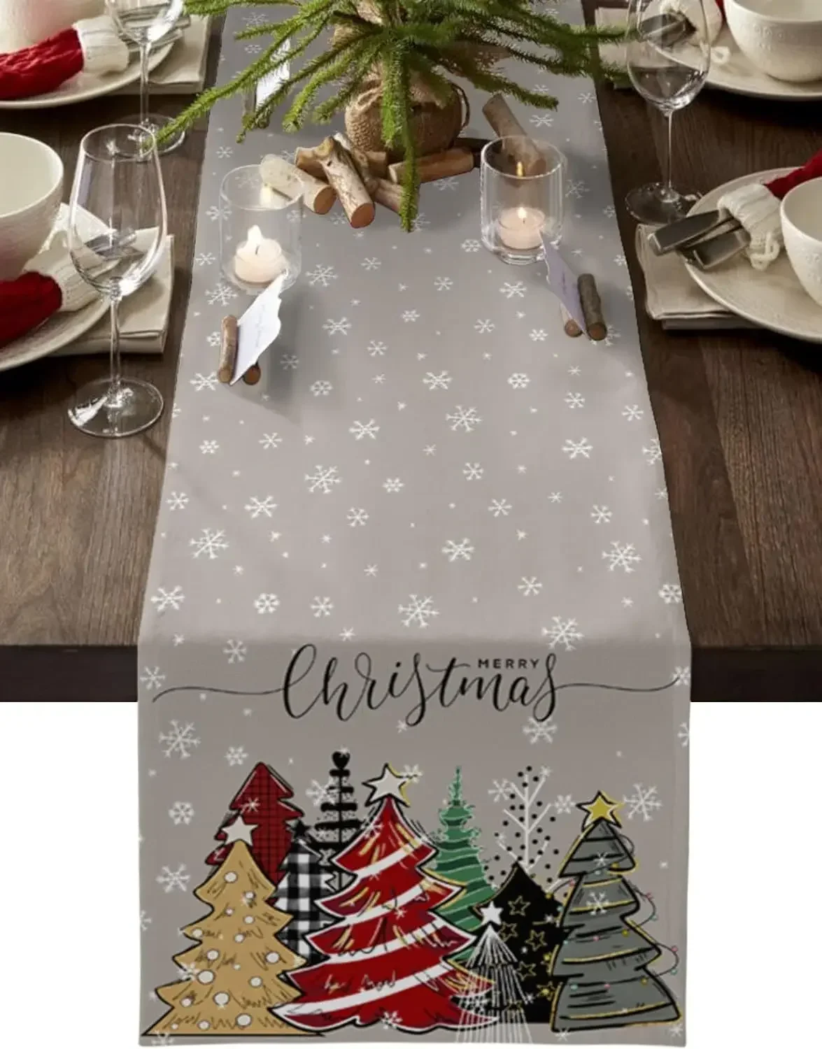 Christmas Snowflake Xmas Tree Linen Table Runner Party Decor Reusable Winter Xmas Dining Table Runners Christmas Decorations