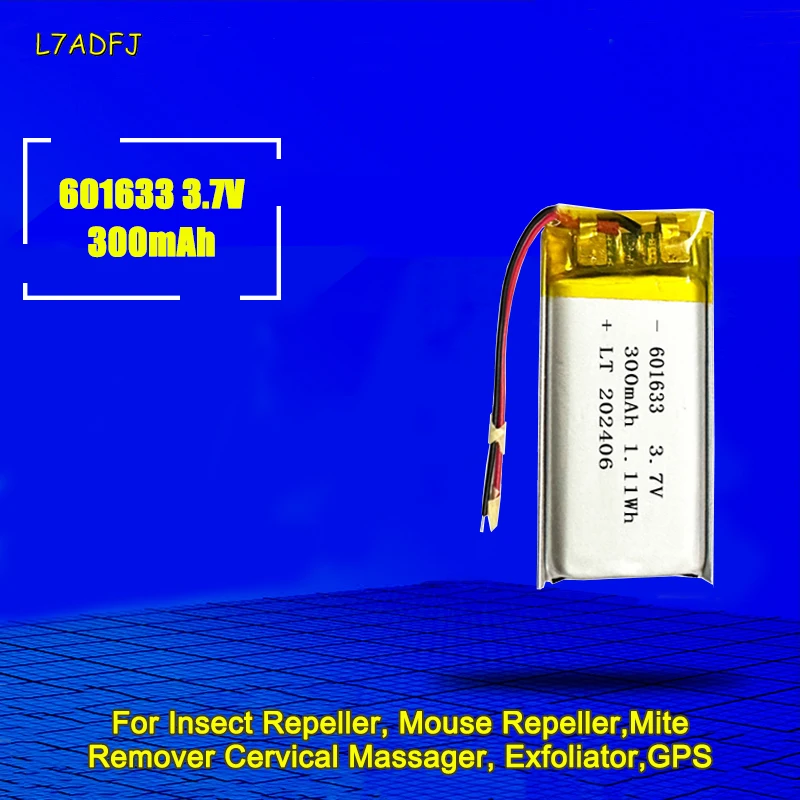 601633 Lipo Battery 300mAh 3.7V Rechargeable Lithium Battery For Insect Repeller Mouse Repeller Mite Remover Cervical Massager