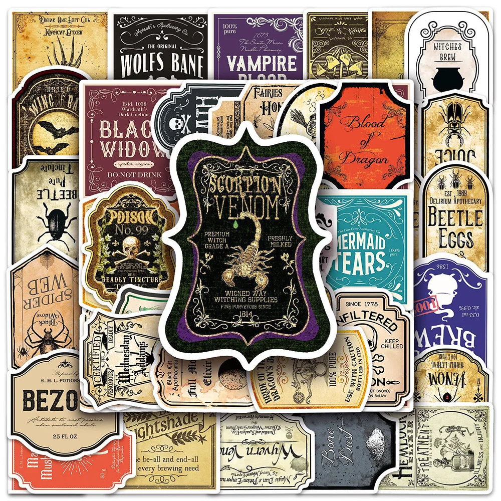 10/30/50PCS Retro Horror Magic Potion Label Stickers Aesthetic Gothic Decals DIY Laptop Motorcycle Phone Car Kids Cool Sticker