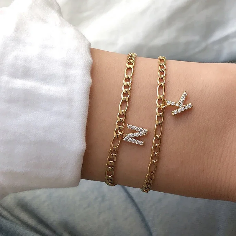 Personalized bracelet diy name initial letter pendant Gold Color Bracelet Stainless Steel Twist Cuban Chain Bracelet for Women