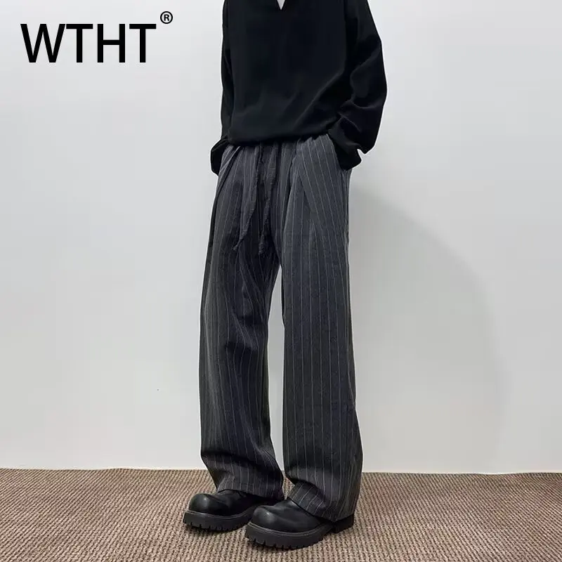 WTHT Fashion Men's Striped Pleated Loose Blazer Pants Trendy 2025 Winter Elastic High Waist Wide Leg Trousers Male 2A2586
