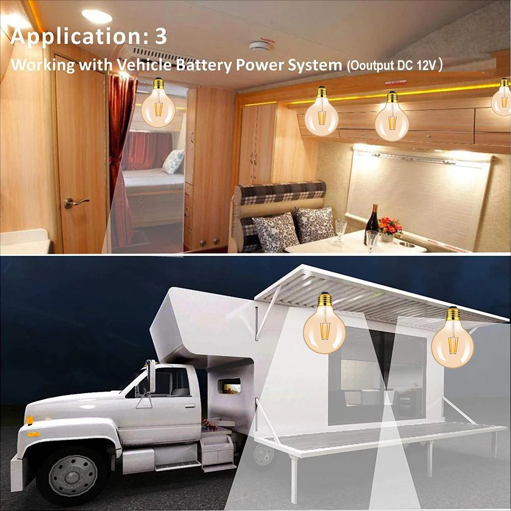 저전압 DC 12V 빈티지 G95 앰버 유리 램프 전구, 4W 에디슨 글로브 전구, 2200K 베이스 E27 LED 태양광 캠핑카 조명 램프, 2 개