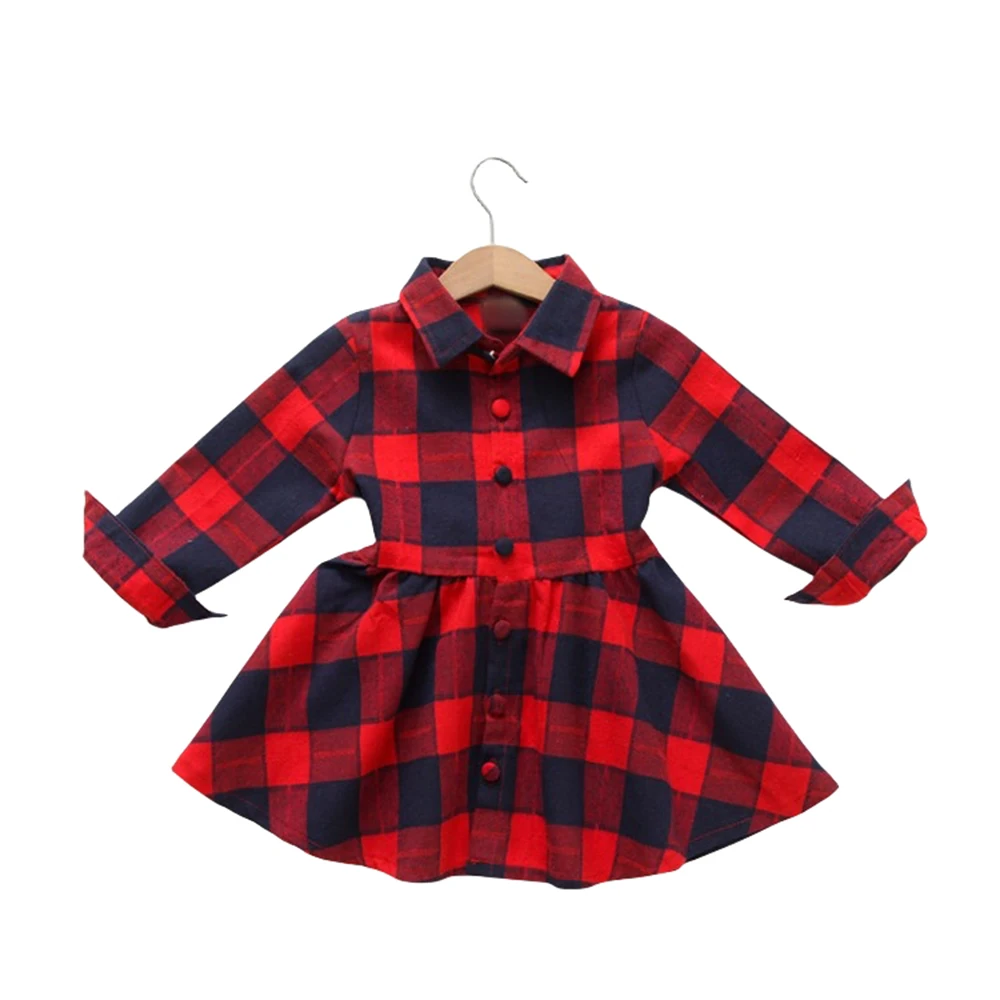 Girls\' Autumn and Winter New Checkered Dress Children\'s Long Sleeve Lapel Belt Bow Spring and Autumn Dress