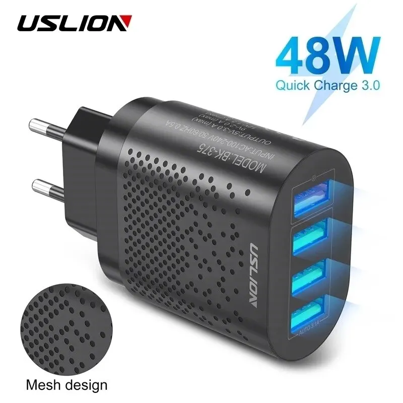 USLION EU/US Plug USB Charger 3A Quik Charge 3.0 Mobile Phone Charger For iPhone 14 Samsung Xiaomi 4 Port 48W Fast Wall Chargers