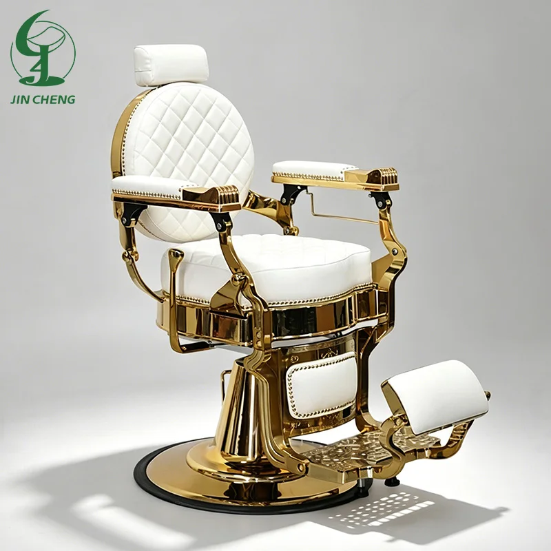 Jincheng Heavy-duty Hydraulic Pump White Leather Gold Frame Men's Hair Salon Retro Recliner Senior Barber Shop Chair