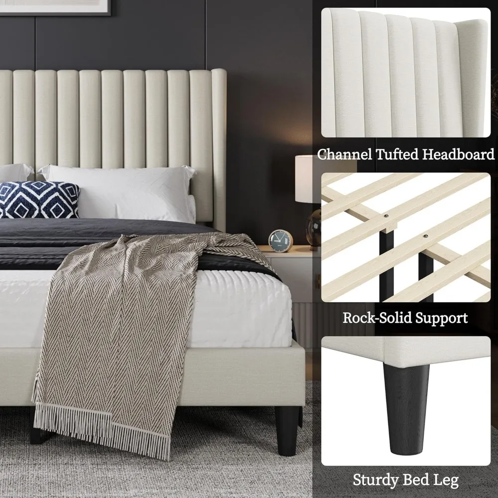 Cadre de lit queen rembourré avec tête de lit en tissu, design à bord d'aile, support à lattes en bois, assemblage facile en ivoire