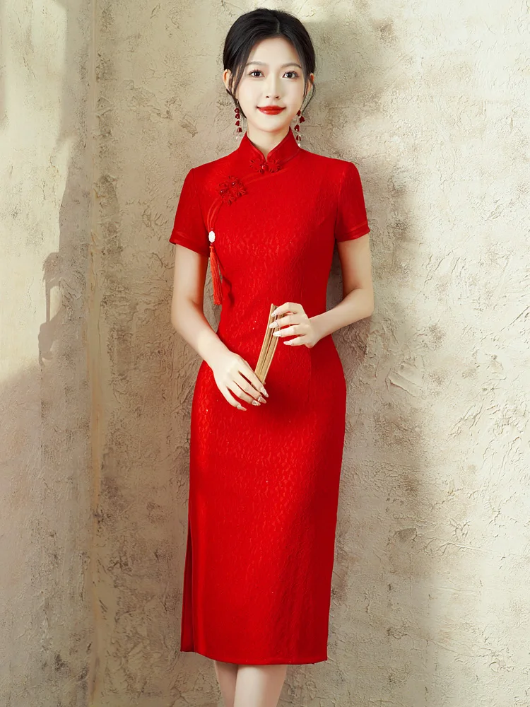 

Red Young Women's Long Midi Traditional Chinese Sle Wedding Dr Summer Exam Walk ow Performance Costume