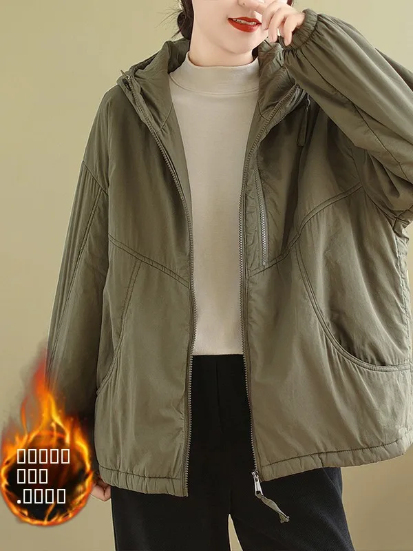 

Retro Winter Cotton Jaet Women Loose Comfortable Dstring Hooded Interlined Cotton Coat Warmth Cotton Padded Long Sve ...