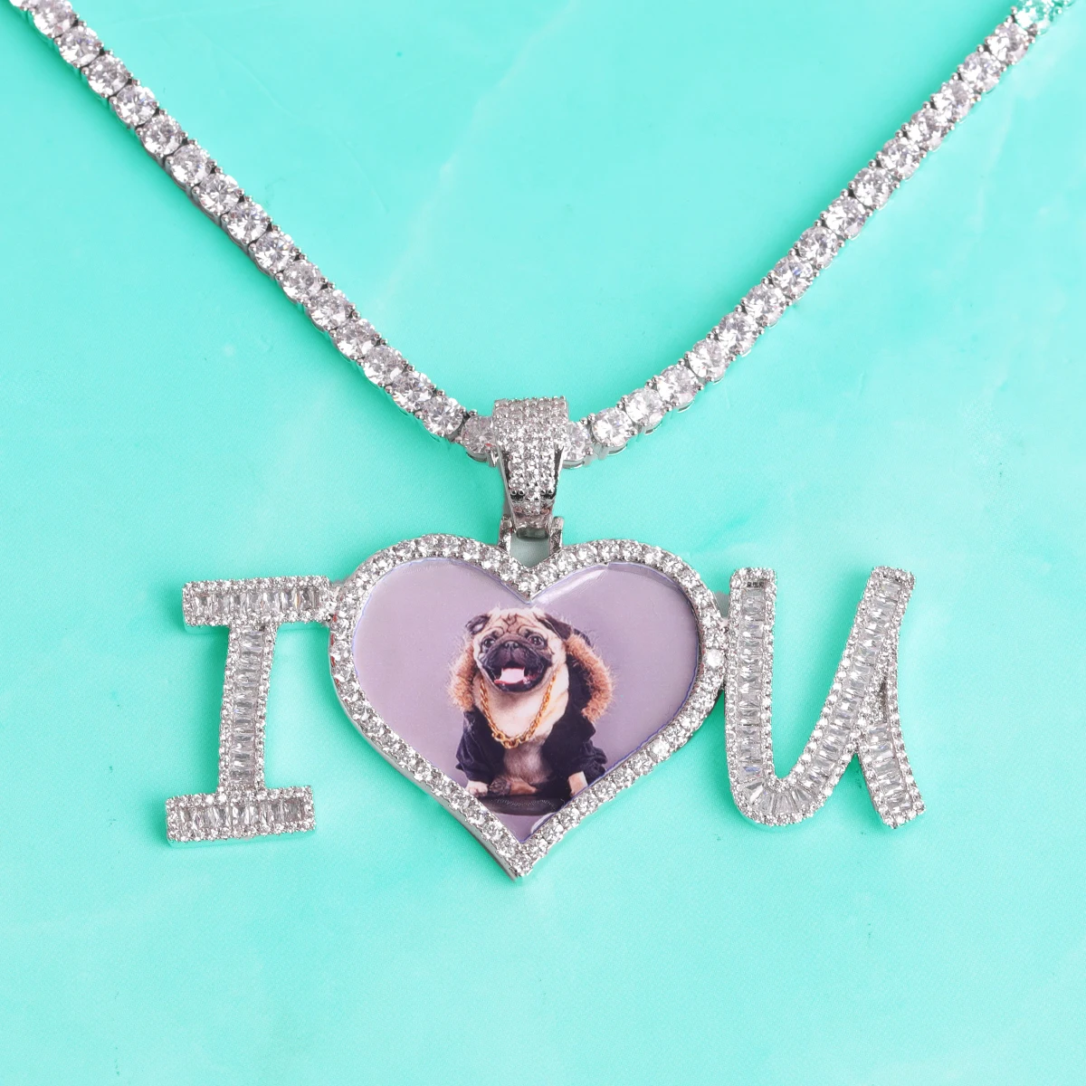 Drip Letter Custom Photo Necklace for Men Heart Picture Pendant Hip Hop Jewelry Iced Out Charms