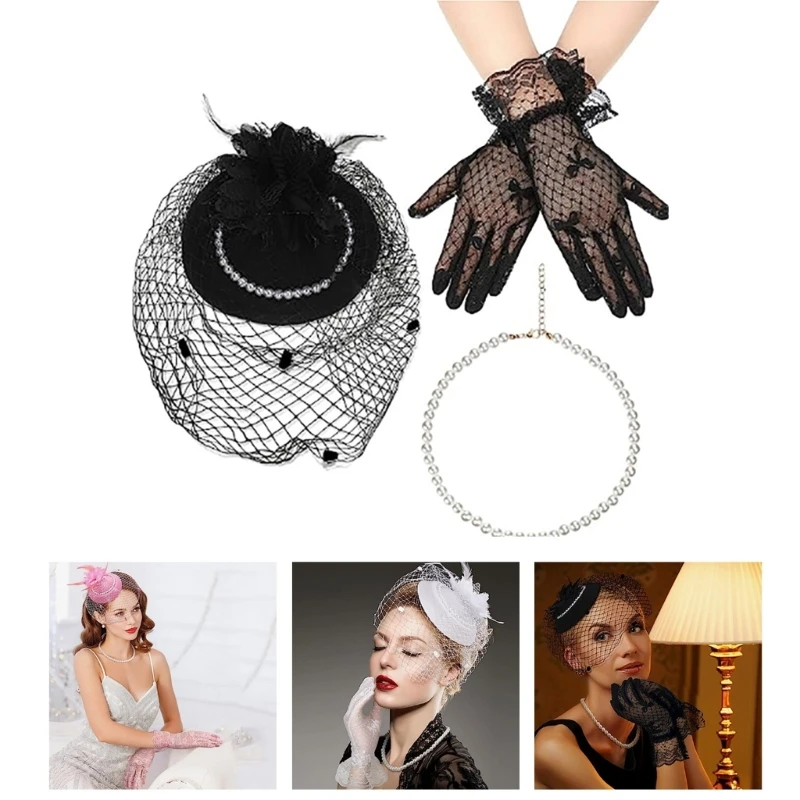 Multifunction British Mesh Yarn Hat Set with Elegant Gloves and Rosary Necklace Women Female Cosplay Costume