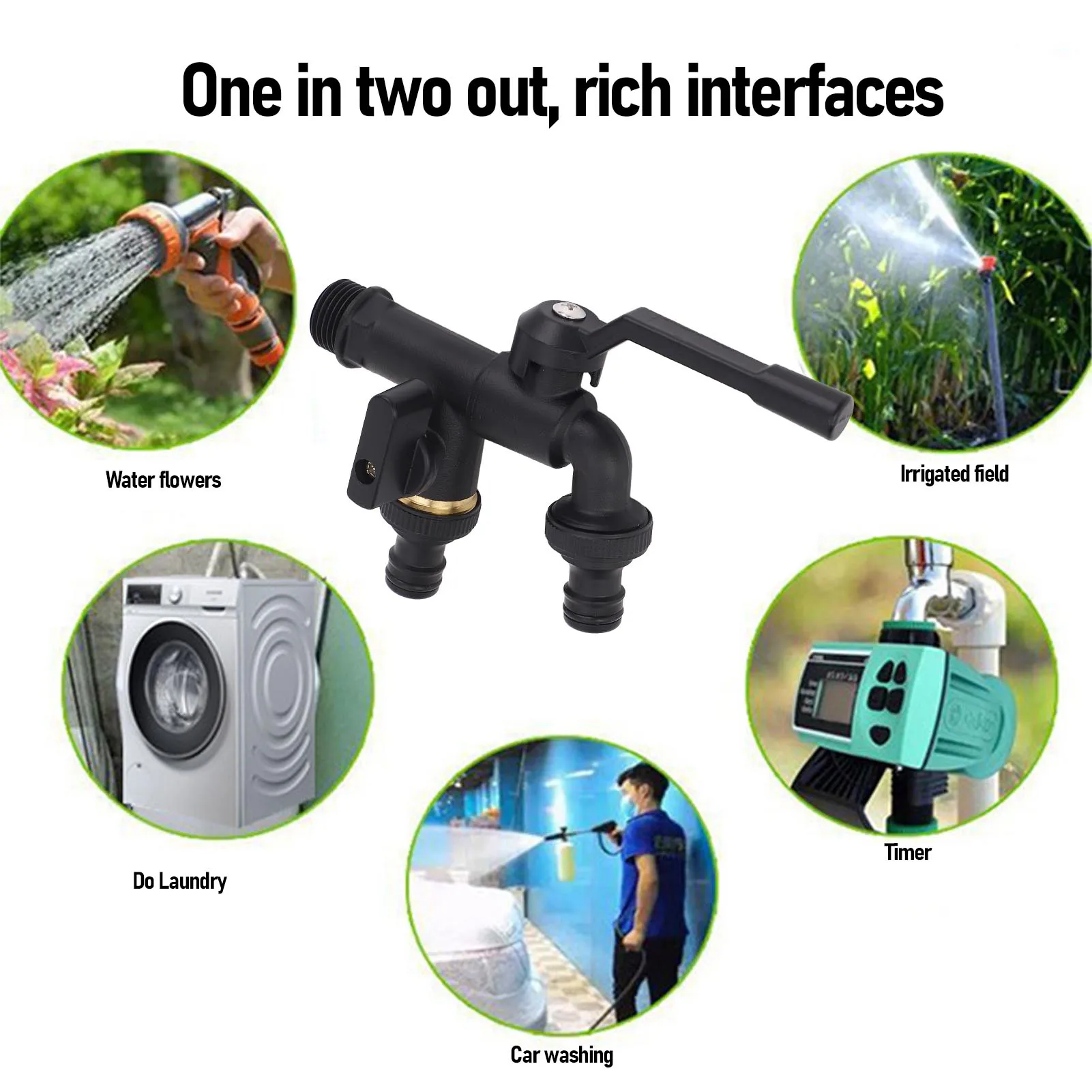 3/4in Outdoor Double Taps Water Faucet Outdoor Double Taps Water Faucet 1 Inlet 2 25mm Outlets Frost Proof Splitter for Garden
