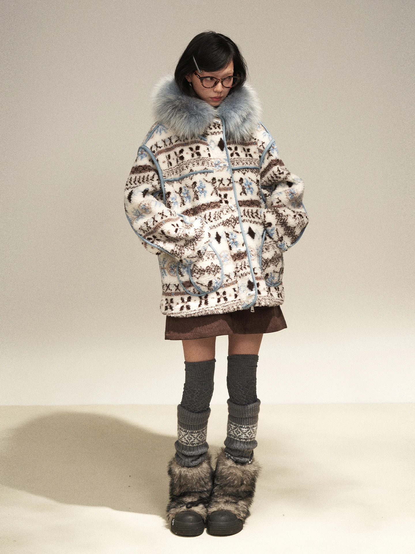 

Женская куртка Summon Oak Thiened в стиле ретро (гонконгский стиль) с отстегивающимся меховым воротником, теплая, с узором Fair Isle, длинными рукавами, на молнии