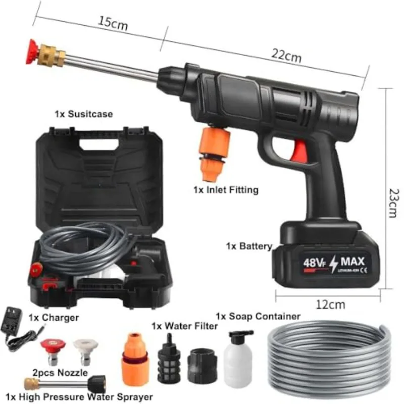 Idropulitrice portatile a batteria da 21 V, pulitore ad alta pressione senza fili, lavaggio auto con batteria, tubo da 10 m, ugello 6 in 1, macchina elettrica per la pulizia, ideale per auto, casa,