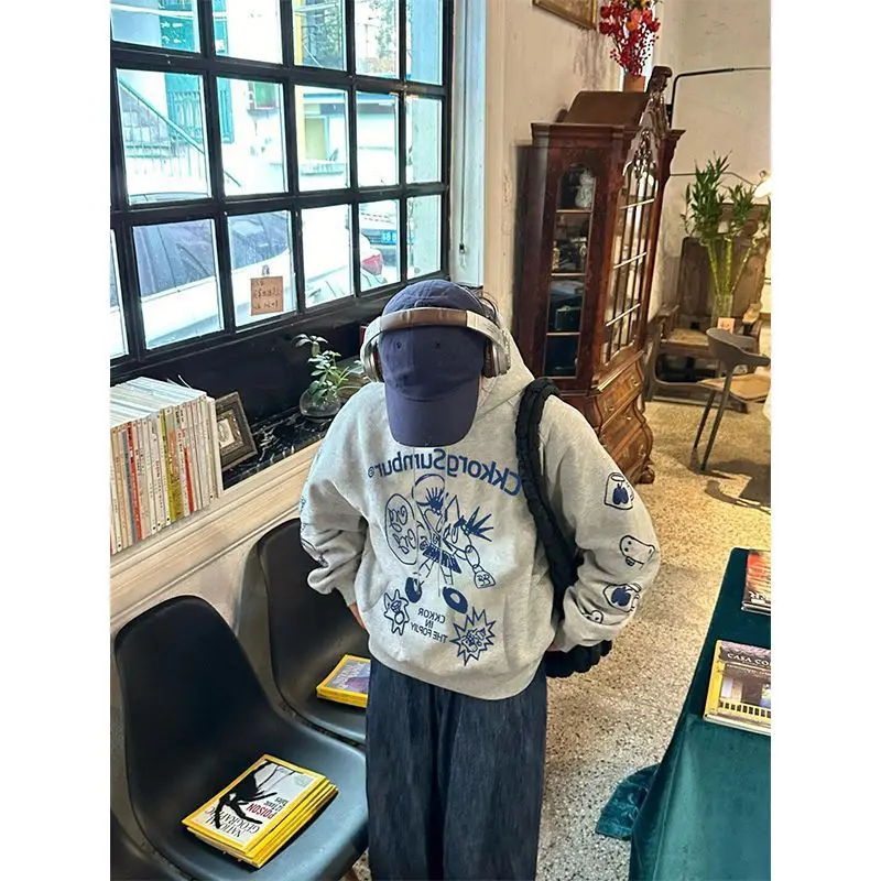 모자가 달린 양털 스웨트셔츠 여성용 오버사이즈 스웨트셔츠 여성 여름 정장 달콤한 불규칙한 질감 가벼운 액티브웨어 일본식