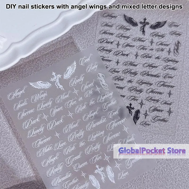 

[TG823]Black White Letter Words Nail Stickers Angel Wings Letter Mixed Designs Holographic Y2K Nail DIY Decorative Stickers