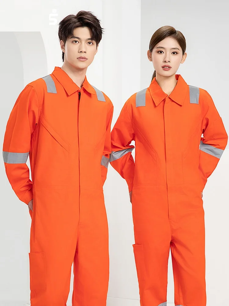 Cotton one-piece overall suit men reflective Hi Vis wear-resistant mechanic repair electric welder harbor labor protection suits