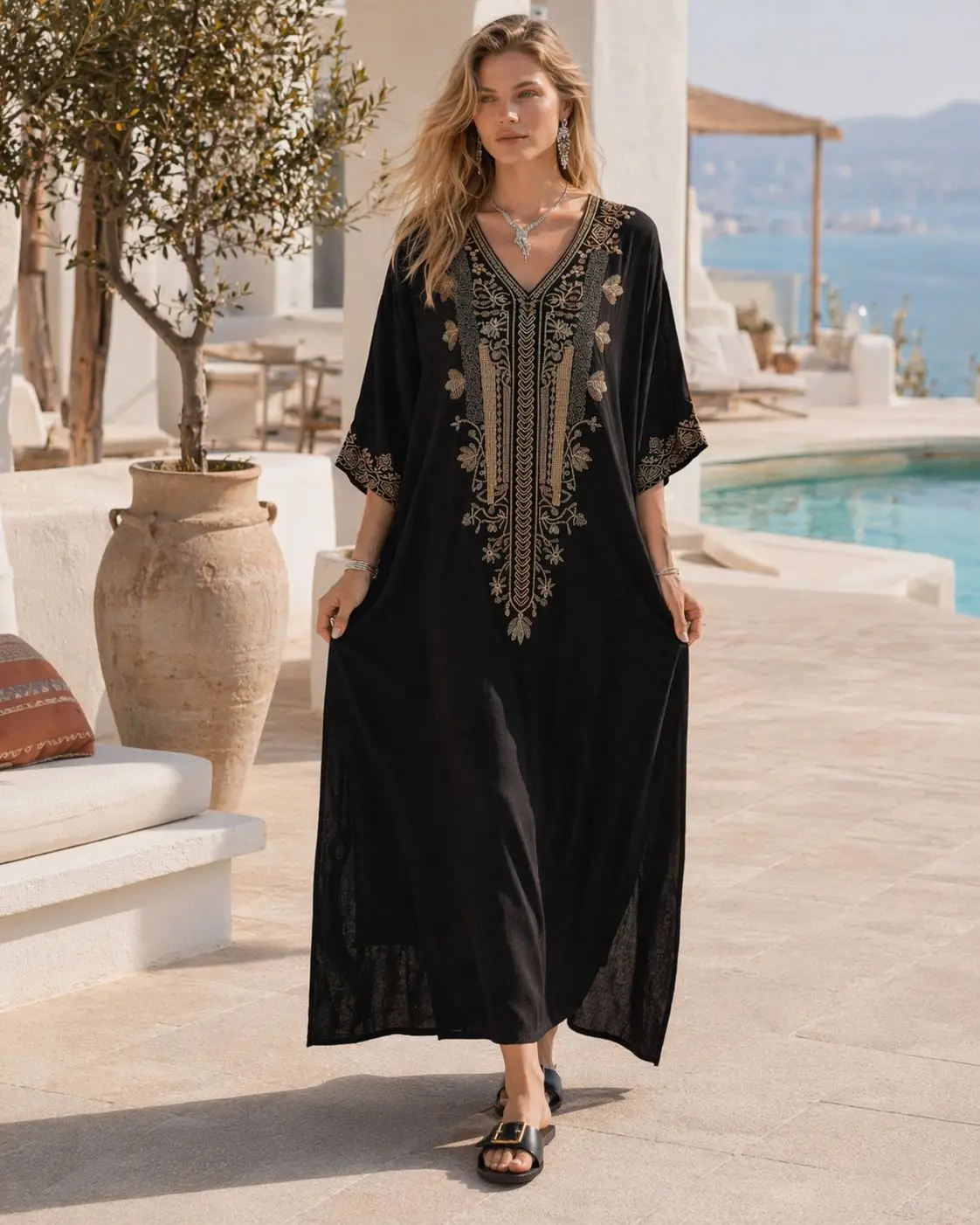 Plus Size Boho Embroidered Kaftan Dress Women's Beach Bikini Cover Up Robe Loungewear Comfortable Lightweight Summer Coverup