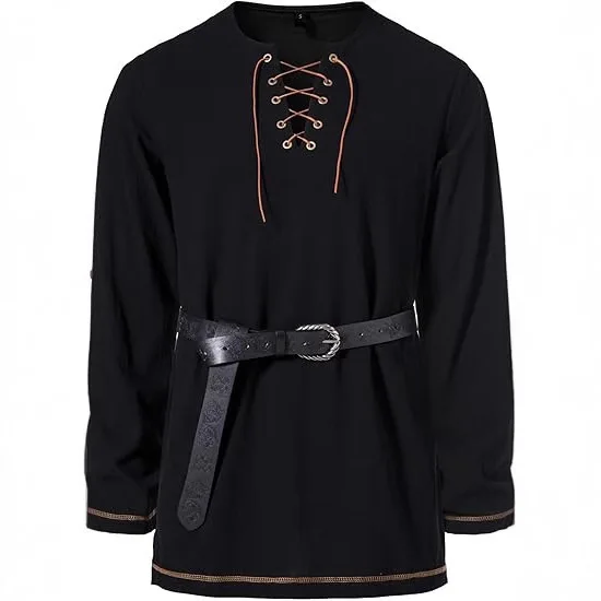 Men\'s Medieval Lace Up Tunic Shirt Renaissance Viking Pirate Costume Long Sleeve Retro Tops with Belt for Halloween Cosplay