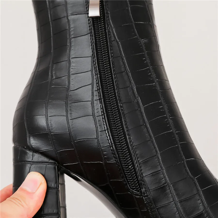 Winter Plush Women Ankle Boots Brown Crocodile Leather High Square Heels Pointed Toe Party Office Lady Zipper Street Short Boots