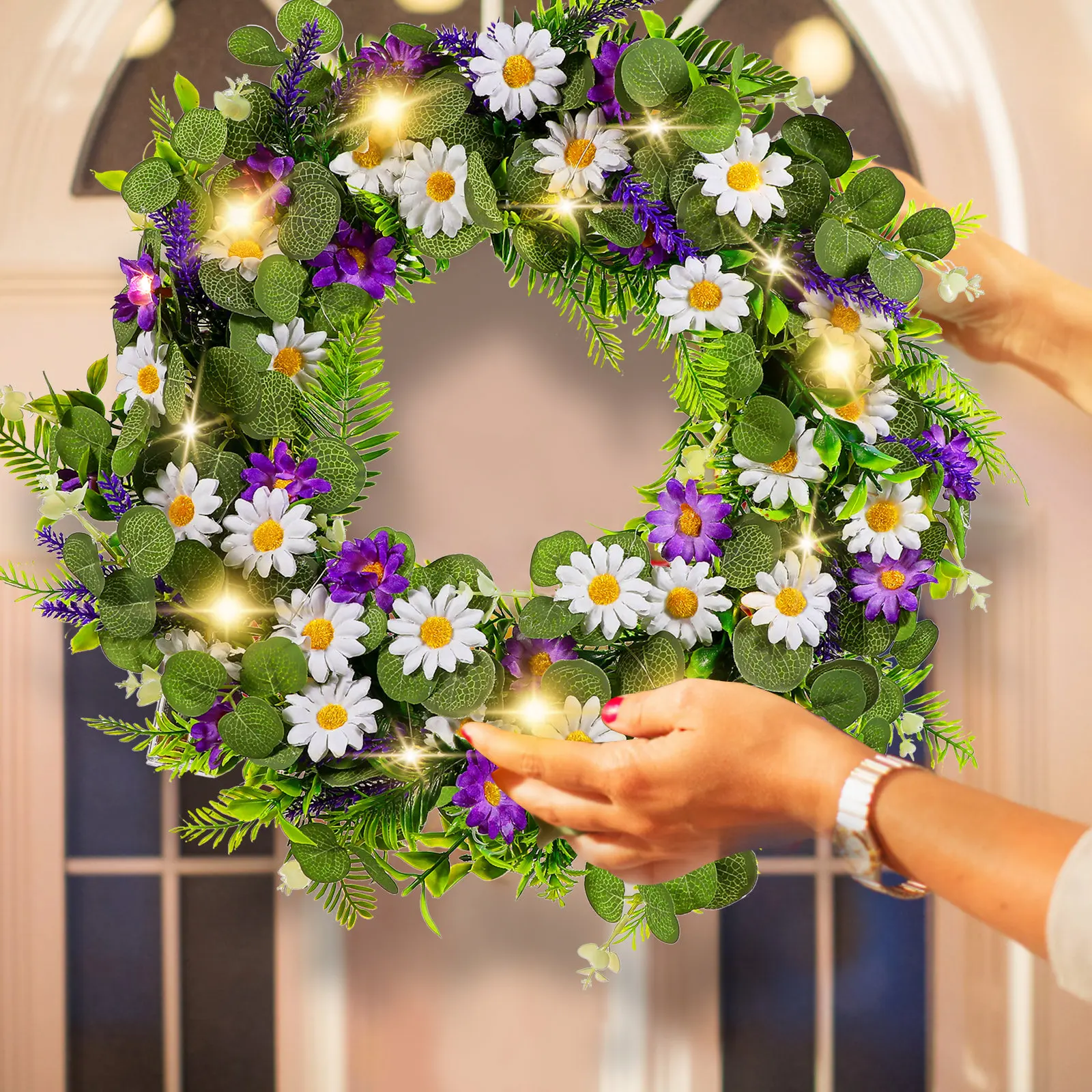 

Венок на входную дверь, 18 дюймов, искусственный венок из лаванды с натуральными зелеными листьями, летние венки для крыльца, входной группы, праздничный декор