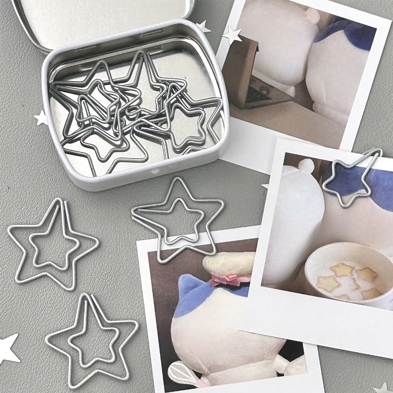 10pcs/set Silver Star Paper Clips Aesthetic INS Casaul Photo Holder for Journaling DIY Card Display Clips for Student Scrapbook