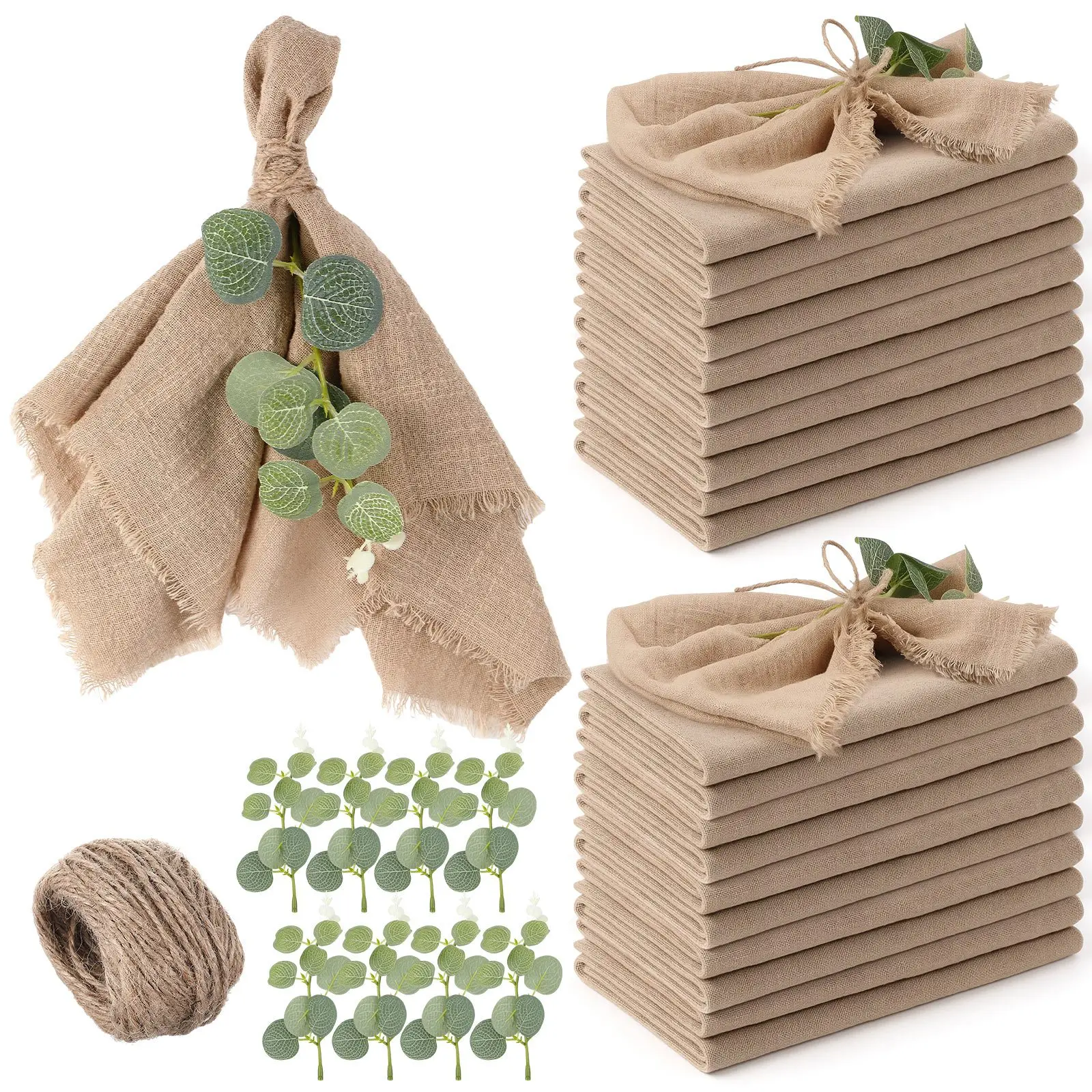 

36 Set Boho Rustic Linen Napkins with Fringe 17 X 17 Inch Fall Natural Cotton Blend Cloth Napkins Bulk with Artificial Eucalyptus Stems and Rope for Bridal Wedding Birthday Decorations