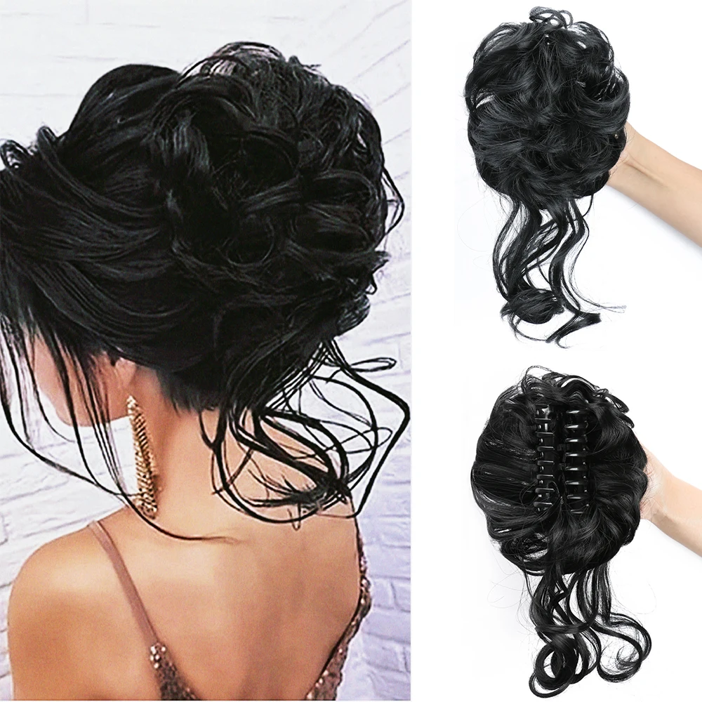 Synthetic Chignon Messy Bun Claw Clip in Hair Piece Wavy Curly Hair Bun Ponytail Extensions Scrunchie Hairpieces for Women
