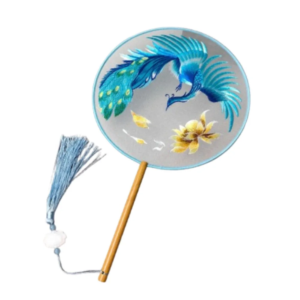 Creative Embroidered Silk Fan Cute Panda Chinese Style Embroidery Round Fan Wooden Handle Translucent