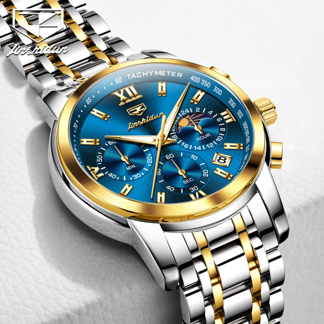 JSDUN 8985, модные кварцевые часы, подарок, ремешок для часов из нержавеющей стали, наручные часы с круглым циферблатом, календарь фазы Луны, светящийся маленький второй