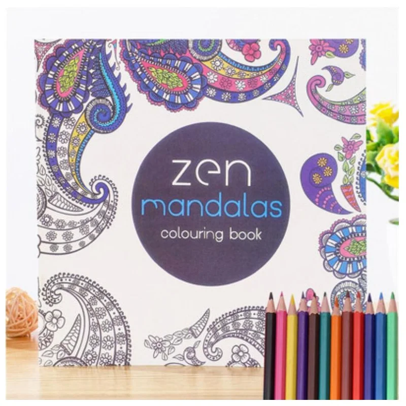 128 Pages Zen Mandalas Coloring Book For Adults Children Relieve Stress Kill Time Secret Garden Book with 12 Color Pencils