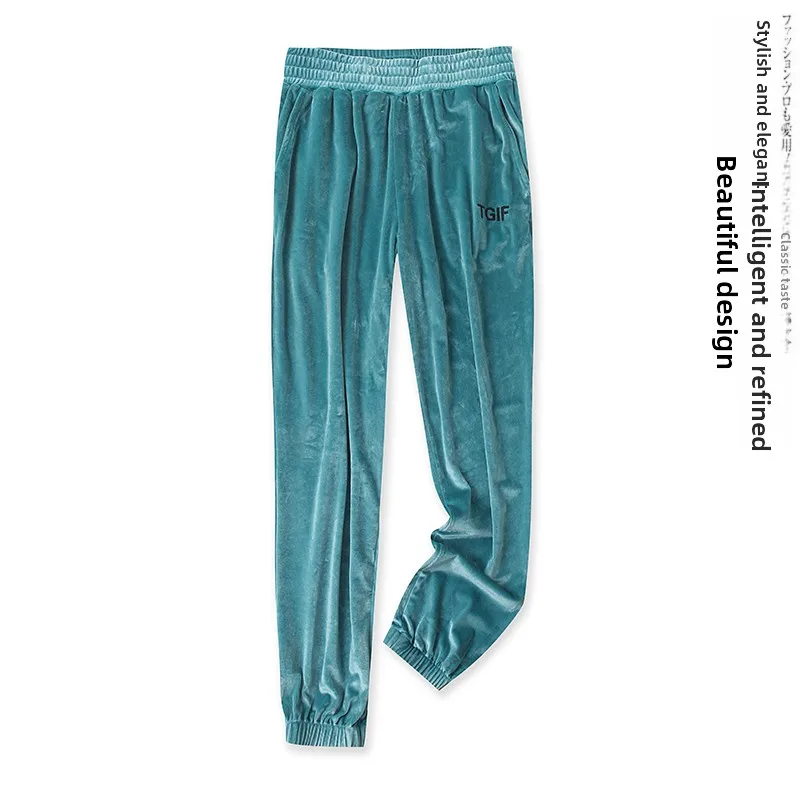 Gold Velvet Sports Pants Loose Fit Casual High Waist Long Pants Women's Spring Autumn New Style Elastic Waist Baggy Cuffed