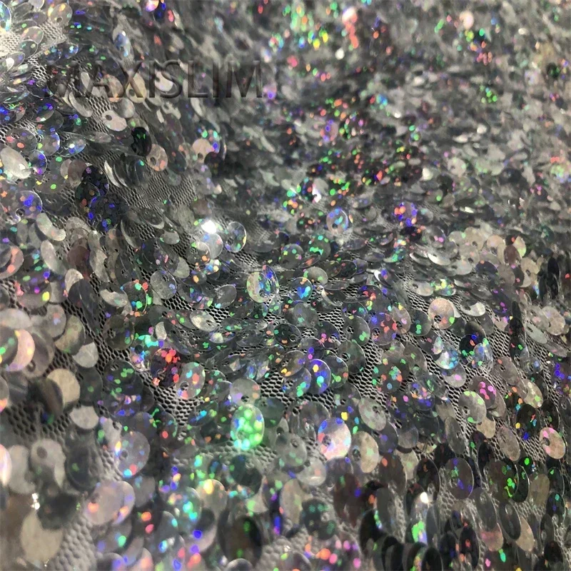 NEW 5MM Silver Mesh Sequin Fabric DIY Leiser Glitter Fabric For Wedding Dresses Wide：125CM