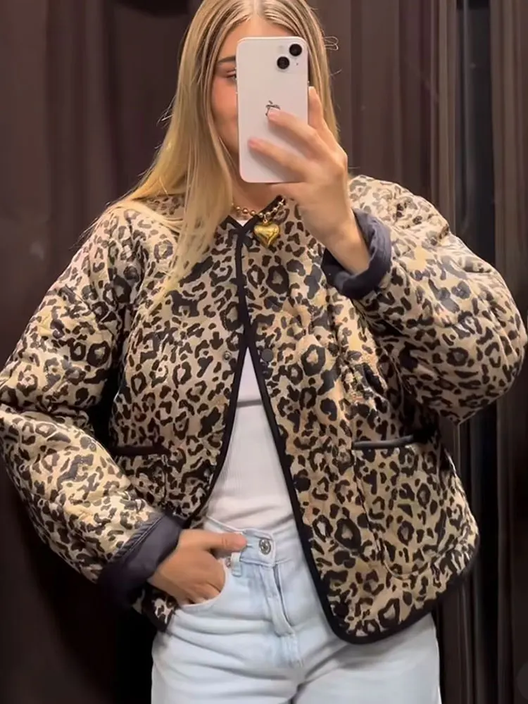 HH 2024 Casual Leopard Print Cotton Coats For Women Autumn Single-Breasted Pockets Long Sleeves O Neck Street Fashion Jacket