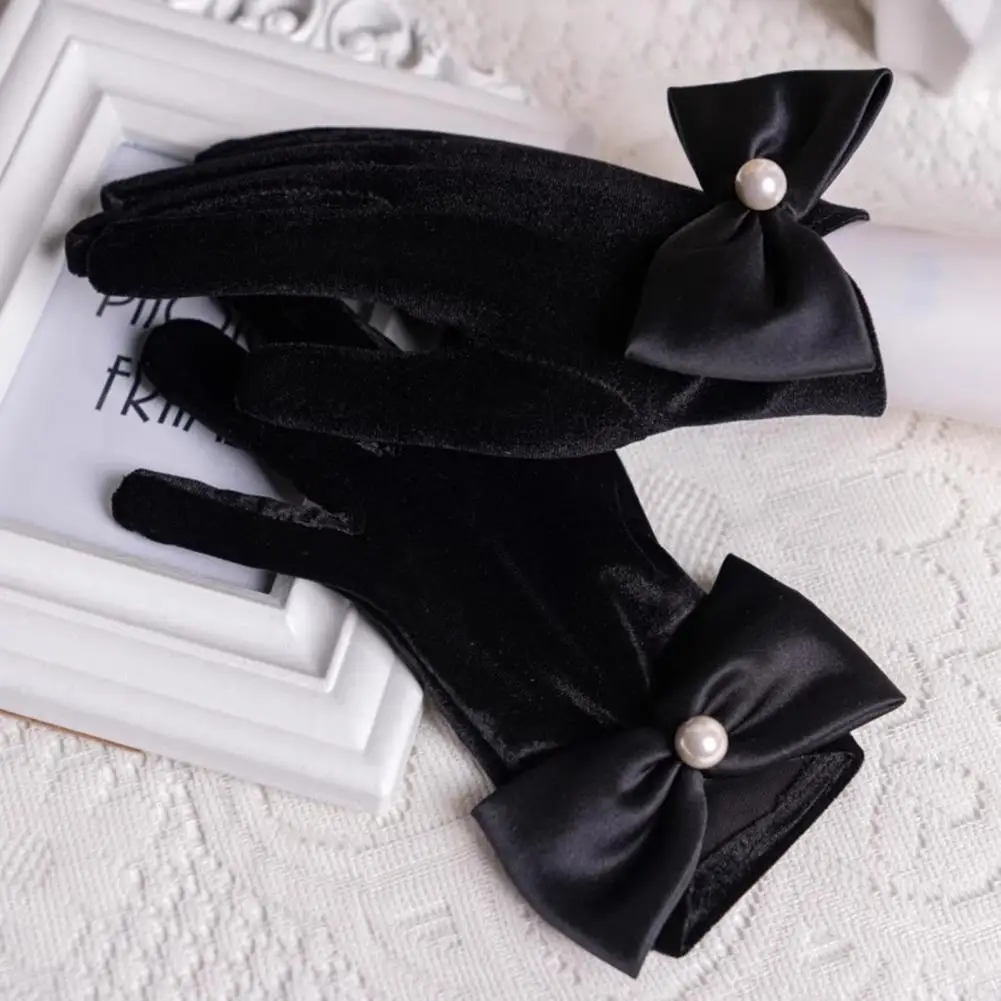 

Weather Gloves Elegant Velvet Women's Winter Gloves with Bow Decor for Prom Parties Non-slip Warm Windproof for Jewelry