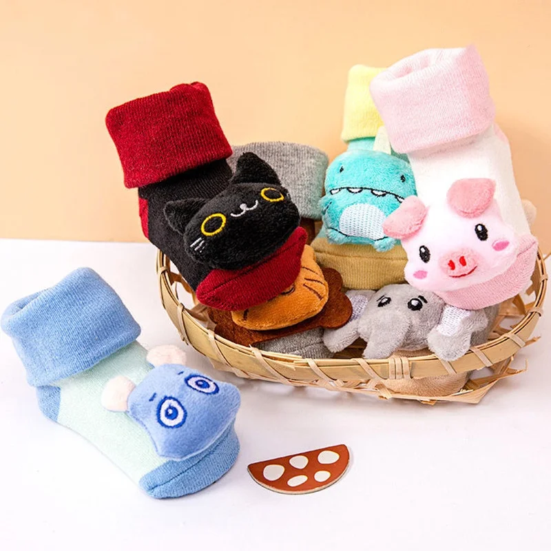 2 Pairs Newborn Baby Socks Cute Cartoon Animal Anti-Slip with Bell 0-6-12 Months Years Old Baby Girls Boys Kid Floor Socks