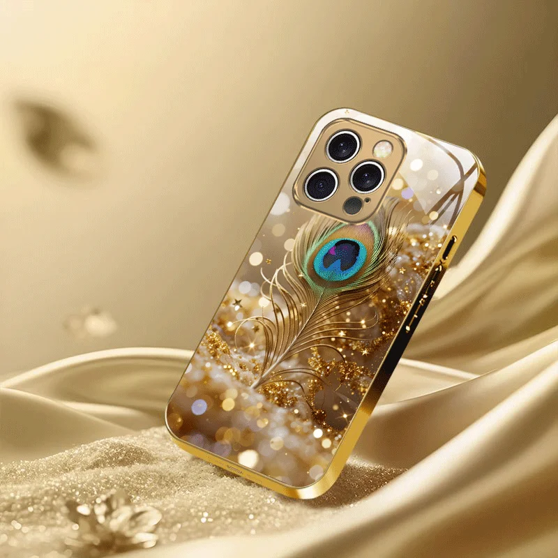 

Golden Peacock Feather Pattern Tempered Glass Phone Case Suitable for iPhone 17 16 15 14 13 12 11 Pro/Max/Plus Anti Shock