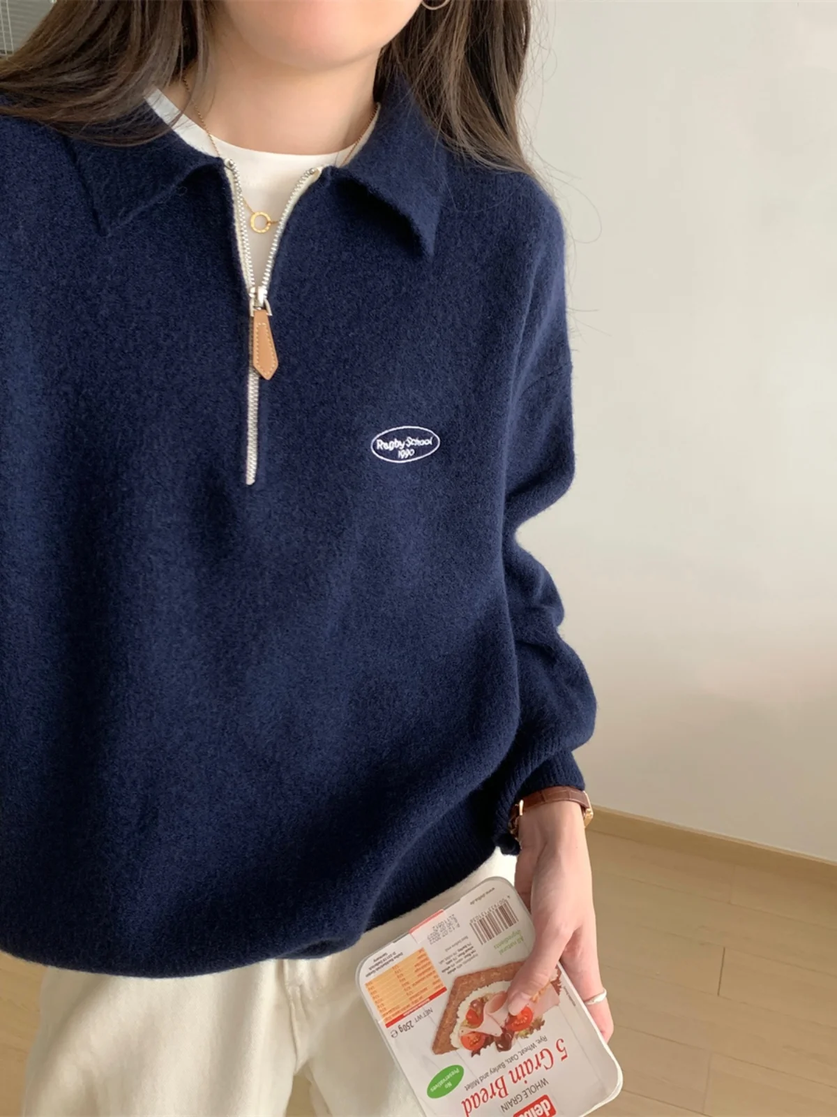 

Thiened Zipper Knitted Sweater Women's Collar Casual Lazy Sle Inner irt Autumn Winter Faion Korean Loose Fit